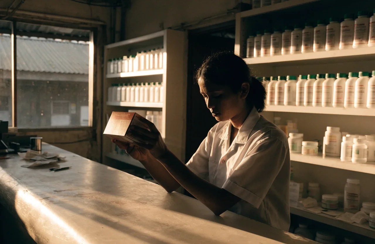 A pharmacy shelf of boxed wellness stock in Makassar being turned so no label text faces the camera