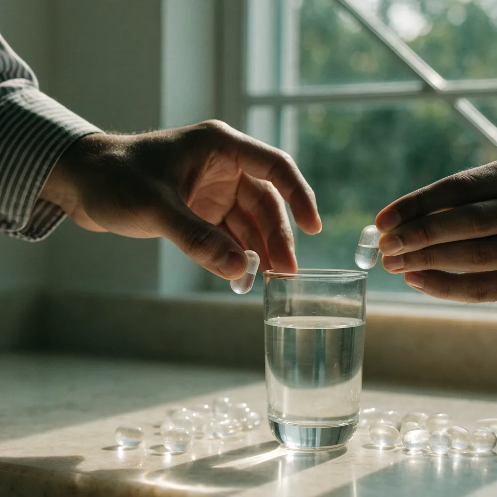 Glass of water and an unlabelled container of natural capsules on pale stone in warm daylight