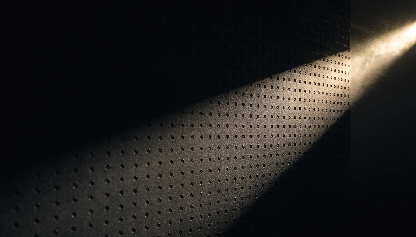 Matte black perforated flip-dot panel surface raked under warm side light