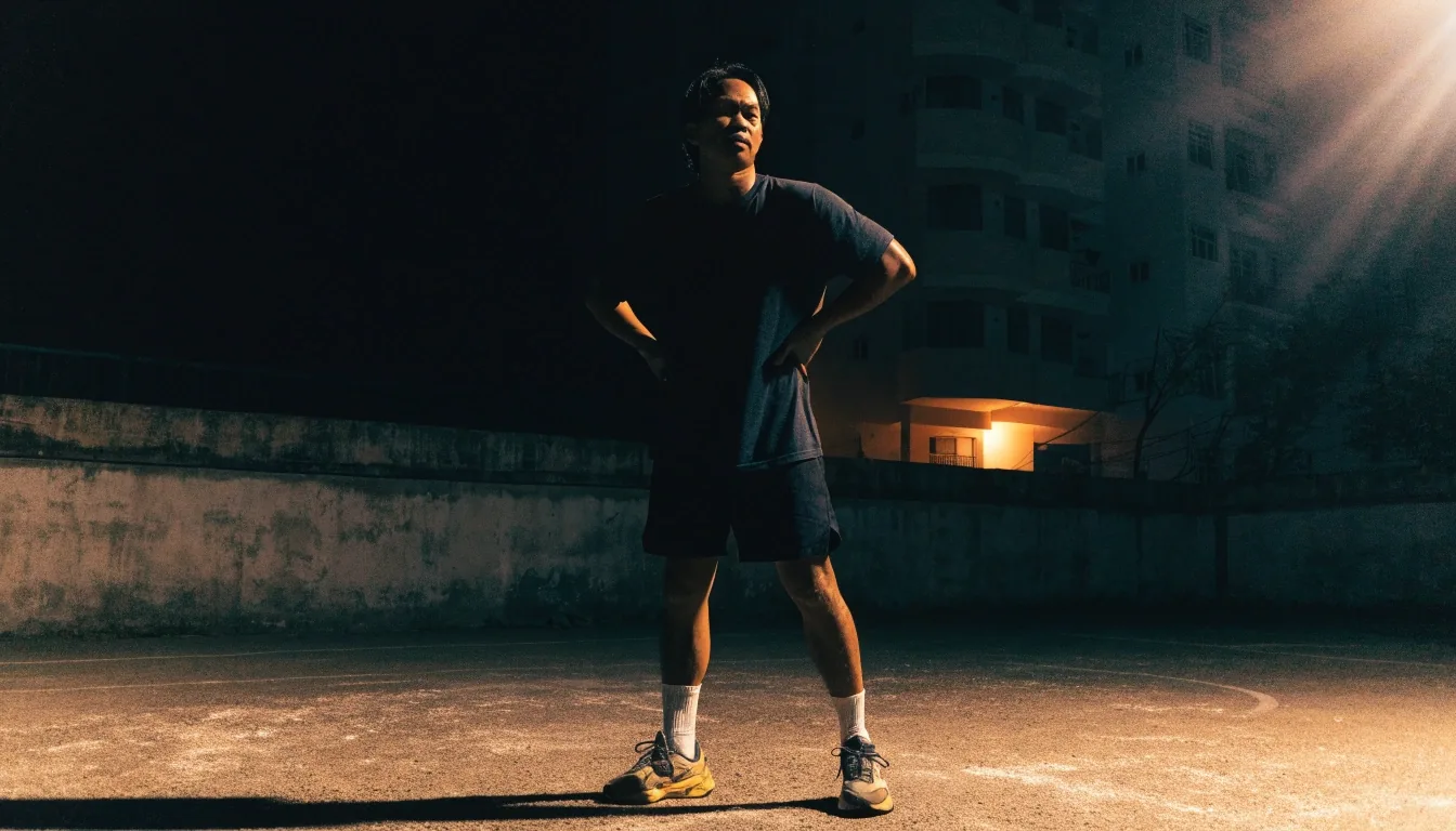 A man resting after a rooftop workout at night under warm floodlight