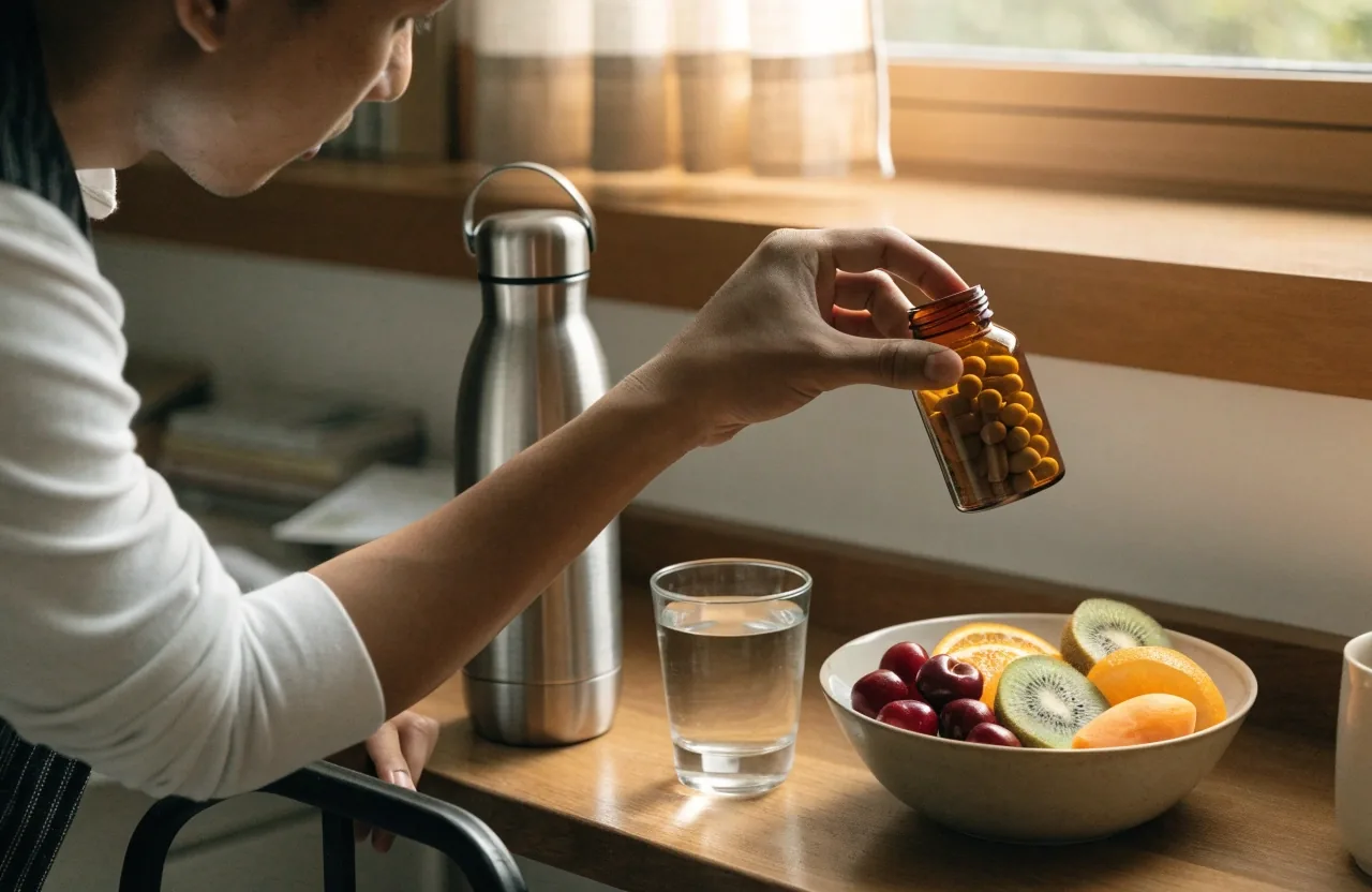 A morning counter with a steel water bottle, food scale, fruit bowl and an unlabelled supplement container