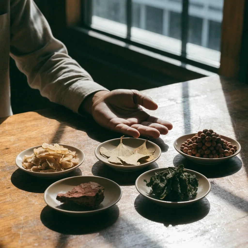 Five dried botanical extracts arranged as separate piles on dark slate under warm side light