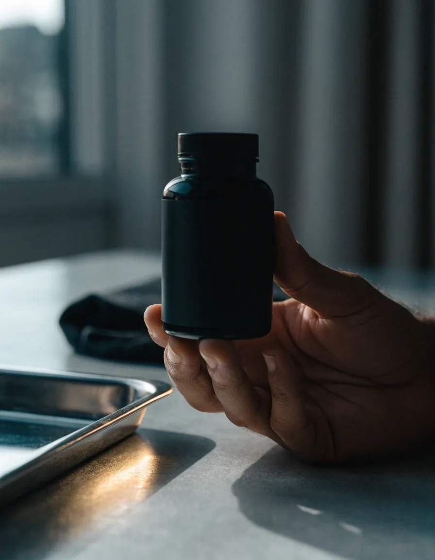 Hand holding an unbranded supplement bottle with the label facing away, on a grey desk.